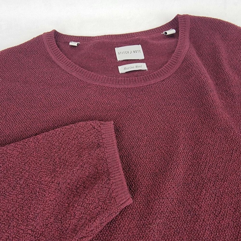 Stitch Note Mens Merino Wool Sweater‎ L Crew Neck Pull Over Long Sleeve L Maroon